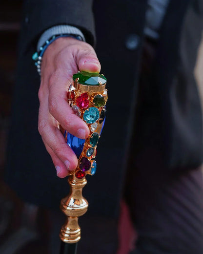 24K Gold Walking Cane – Handmade Italian Luxury Cane with Crystal Handle & Black Beech Wood