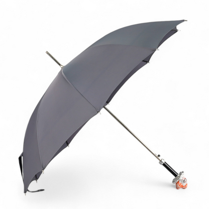 Grey men's umbrella with a hand-painted clown handle, showcasing Italian craftsmanship and stylish design.