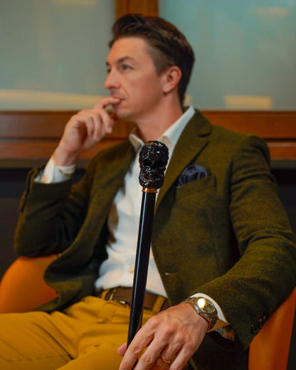 Luxury Walking Cane – Black Skull Handle | Gold-Plated Gothic Men’s Cane