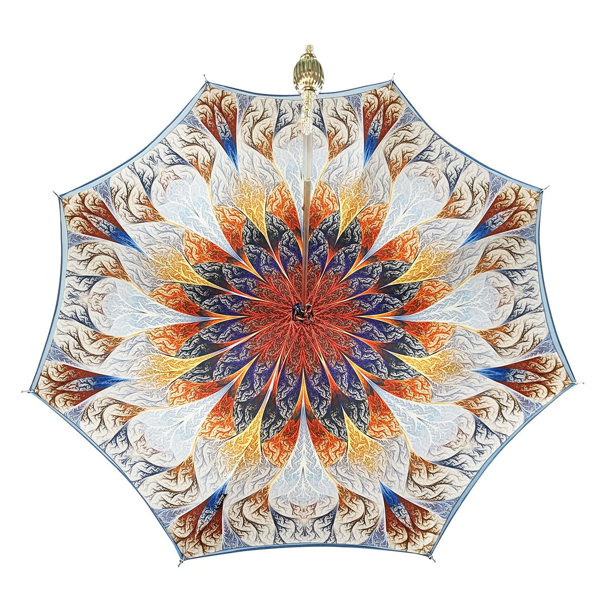 Light blue luxury umbrella by Ilmarchesato featuring abstract marine art design against a neutral background.