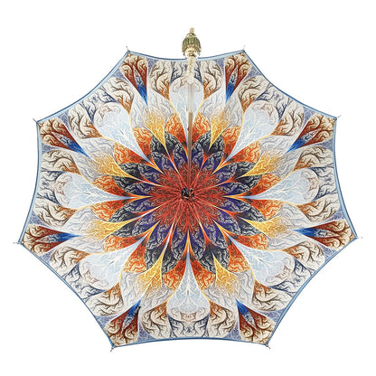 Light blue luxury umbrella by Ilmarchesato featuring abstract marine art design against a neutral background.