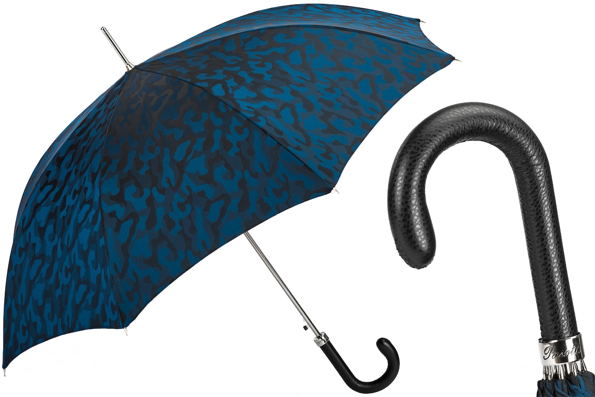 Camouflage Navy Umbrella – Handmade Italian Luxury with Leather Handle & Automatic Opening