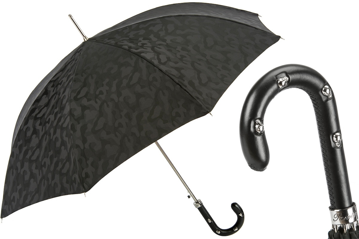 Black Camouflage Umbrella – Handmade Italian Rain Gear with Leather Handle & Skulls