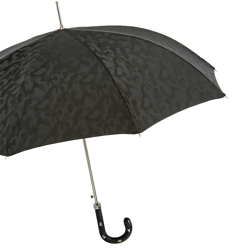 Black Camouflage Umbrella – Handmade Italian Rain Gear with Leather Handle & Skulls
