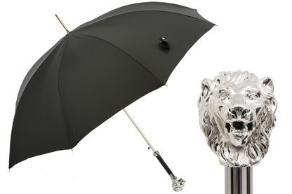 Silver Lion Umbrella – Handmade Italy | Silver-Plated Handle, Black Polyester Canopy