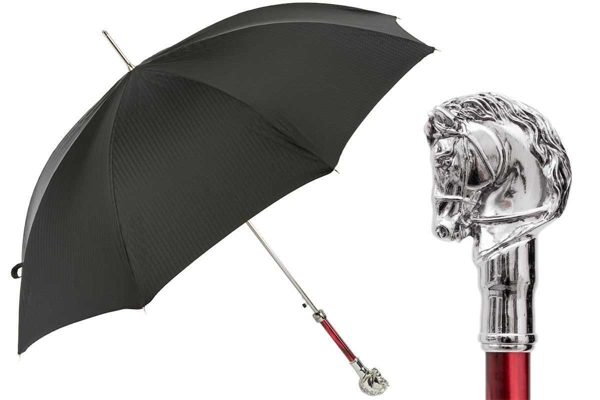 Elegant Umbrella – Italian Handmade Silver Horse Handle Rain Umbrella with Automatic Open