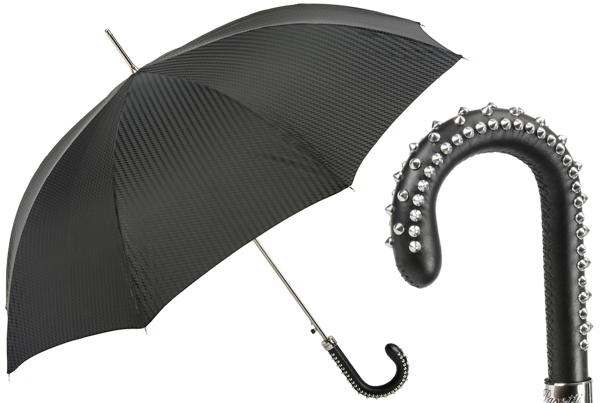 Black Studded Umbrella – Automatic Opening, Handmade Italian Leather Handle