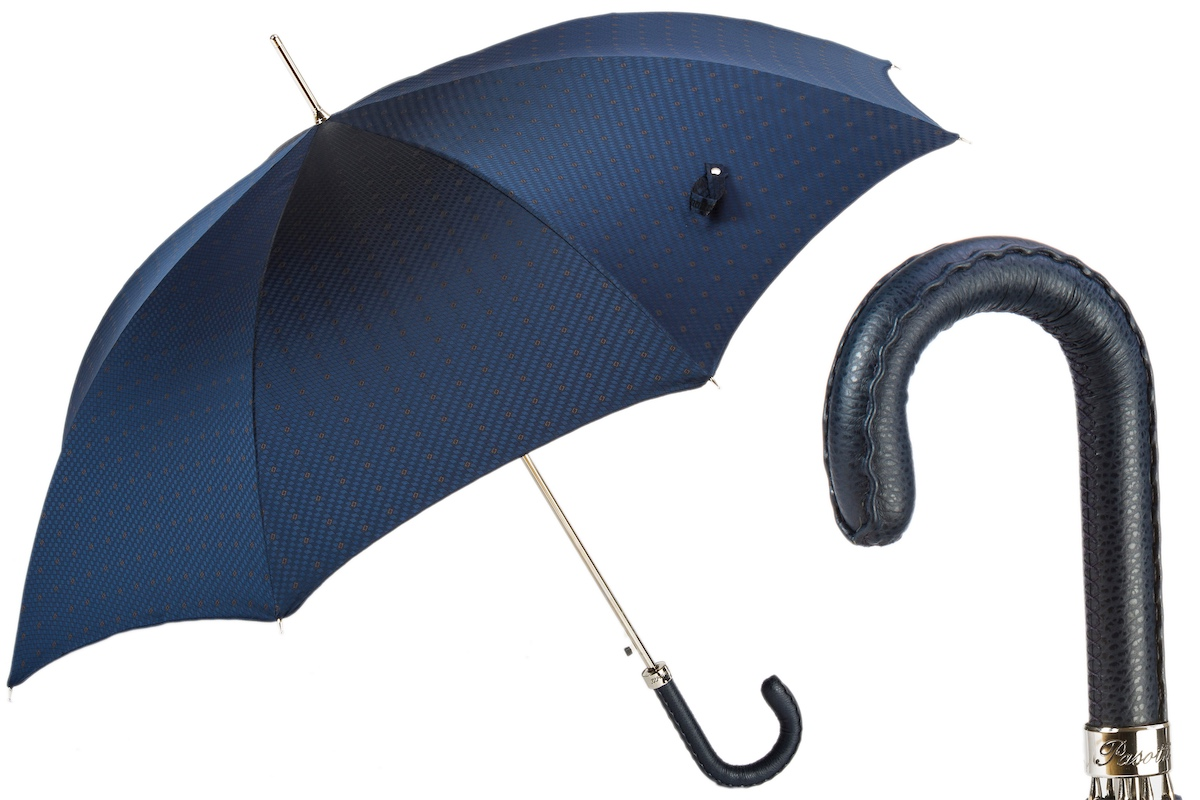 Gents Manual Umbrella – Handmade Italian Navy Leather Handle, Water-Resistant Canopy