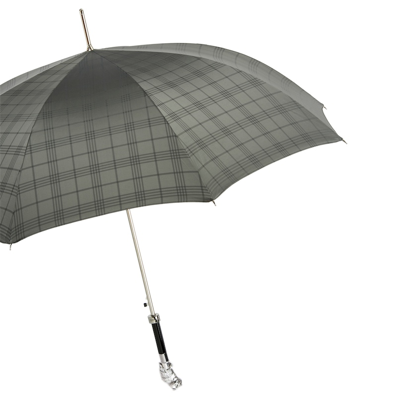 Italian Luxury Umbrella – Handmade Checkered Gray Golf Umbrella With Silver Golf Ball Handle