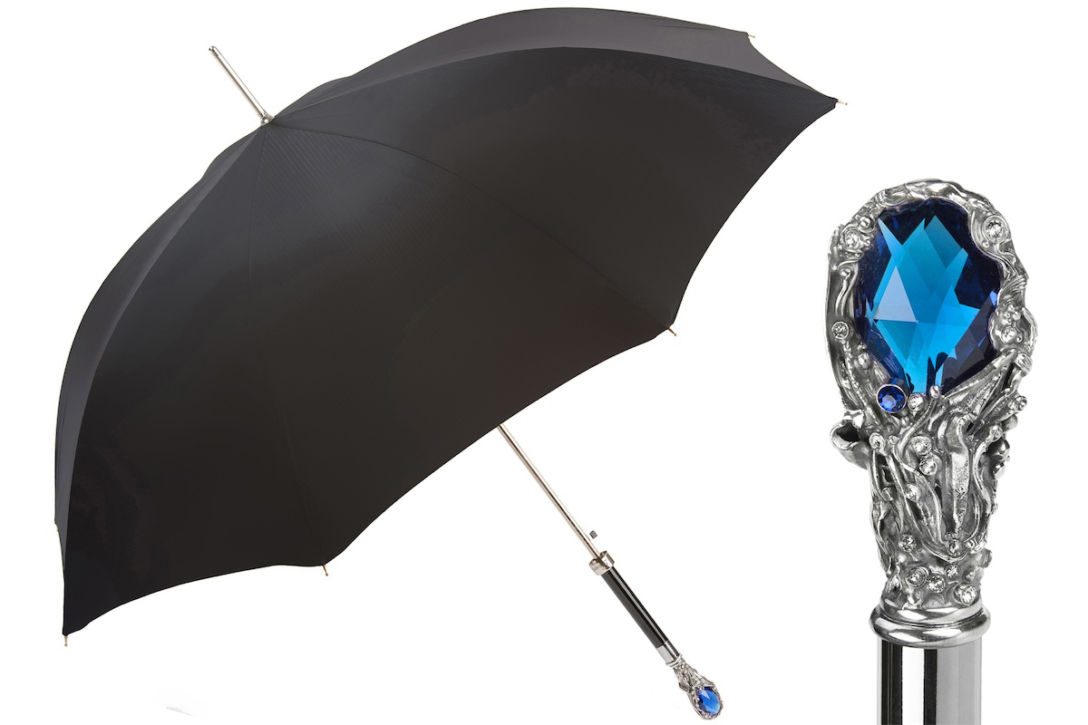 Luxury Black Umbrella – Italian Handmade Rain Umbrella with Blue Gem Handle