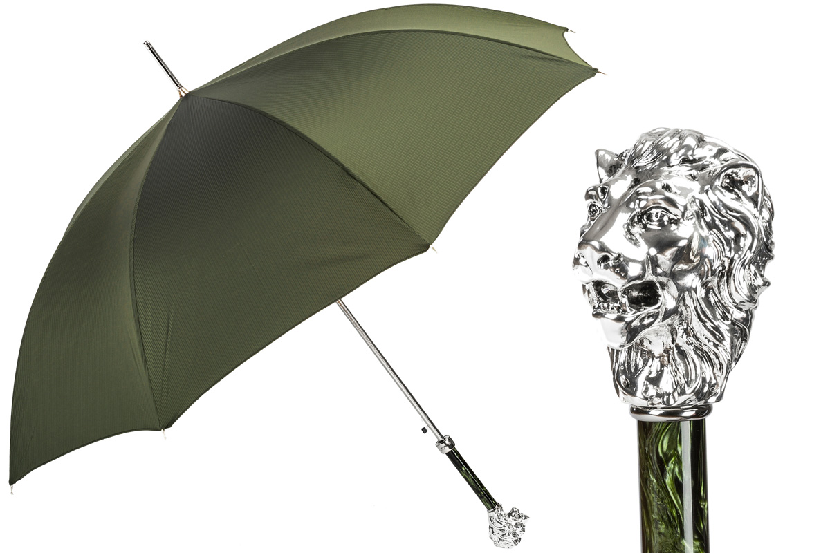 Green Luxury Umbrella – Handmade Italian Rain Umbrella with Silver Lion Handle