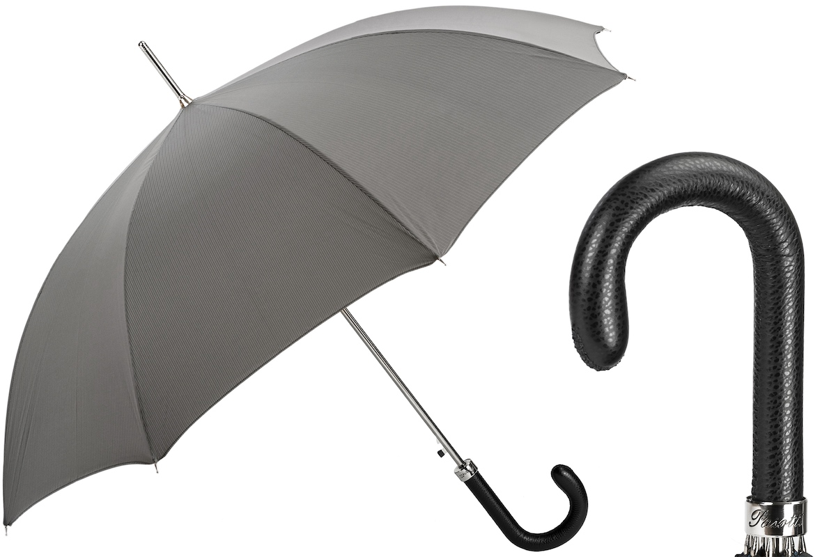 Elegant Grey Umbrella – Handmade Italian Leather Handle | Automatic Opening, Durable Polyester Canopy