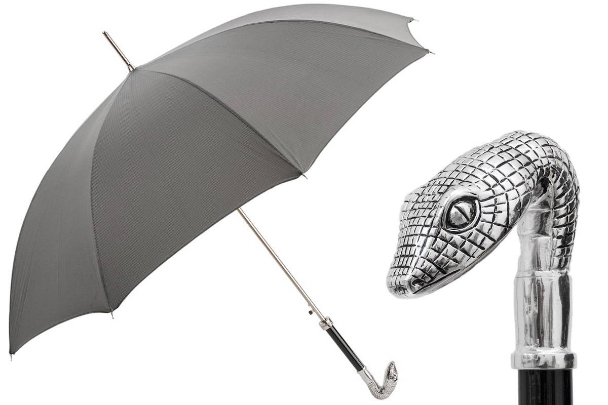 Handmade Italian Umbrella – Gray Canopy, Snake Head Handle, Automatic Opening