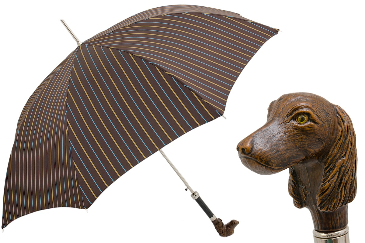Striped Dog Umbrella - Automatic Handmade Umbrella with Unique Dog Handle