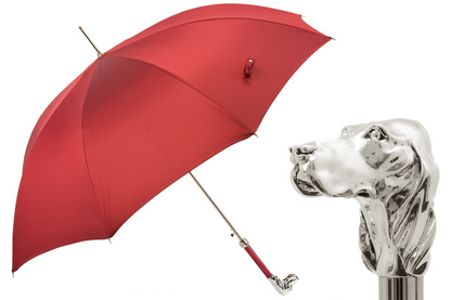 Red Luxury Umbrella – Handmade Italian Rain Umbrella with Silver Hound Handle