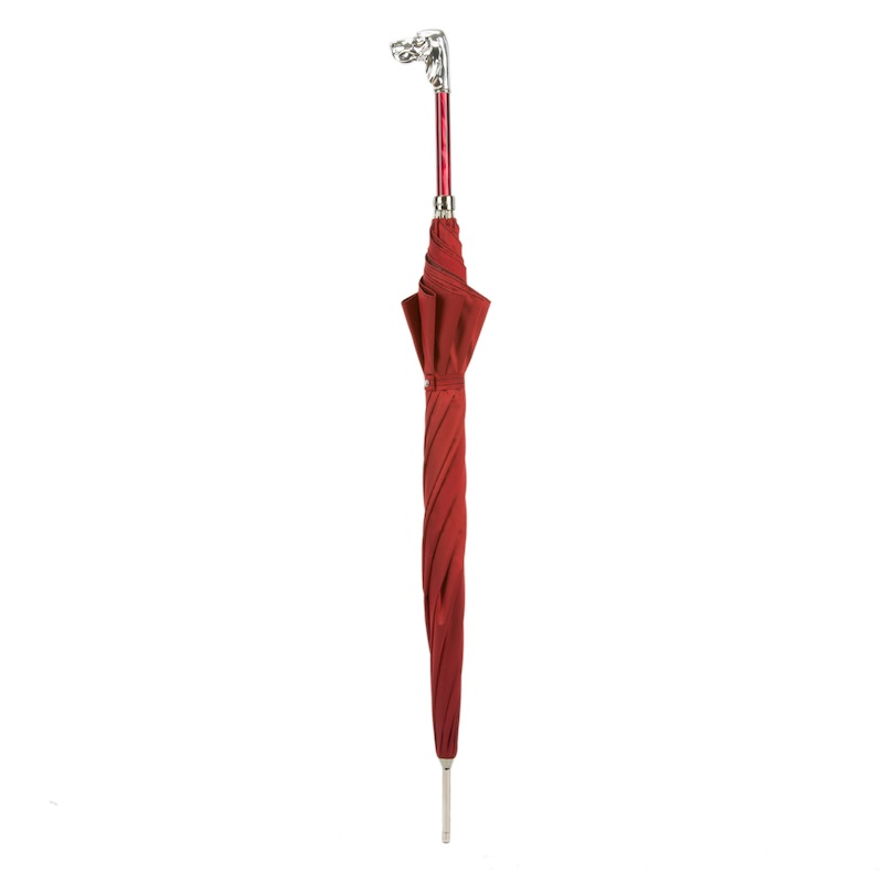 Red Luxury Umbrella – Handmade Italian Rain Umbrella with Silver Hound Handle