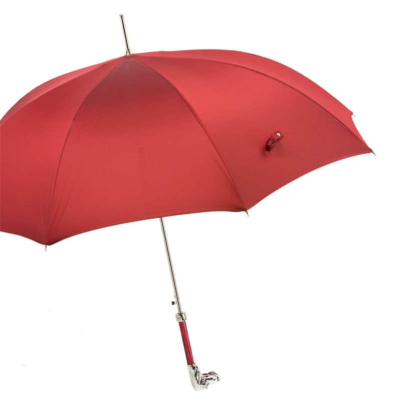 Red Luxury Umbrella – Handmade Italian Rain Umbrella with Silver Hound Handle