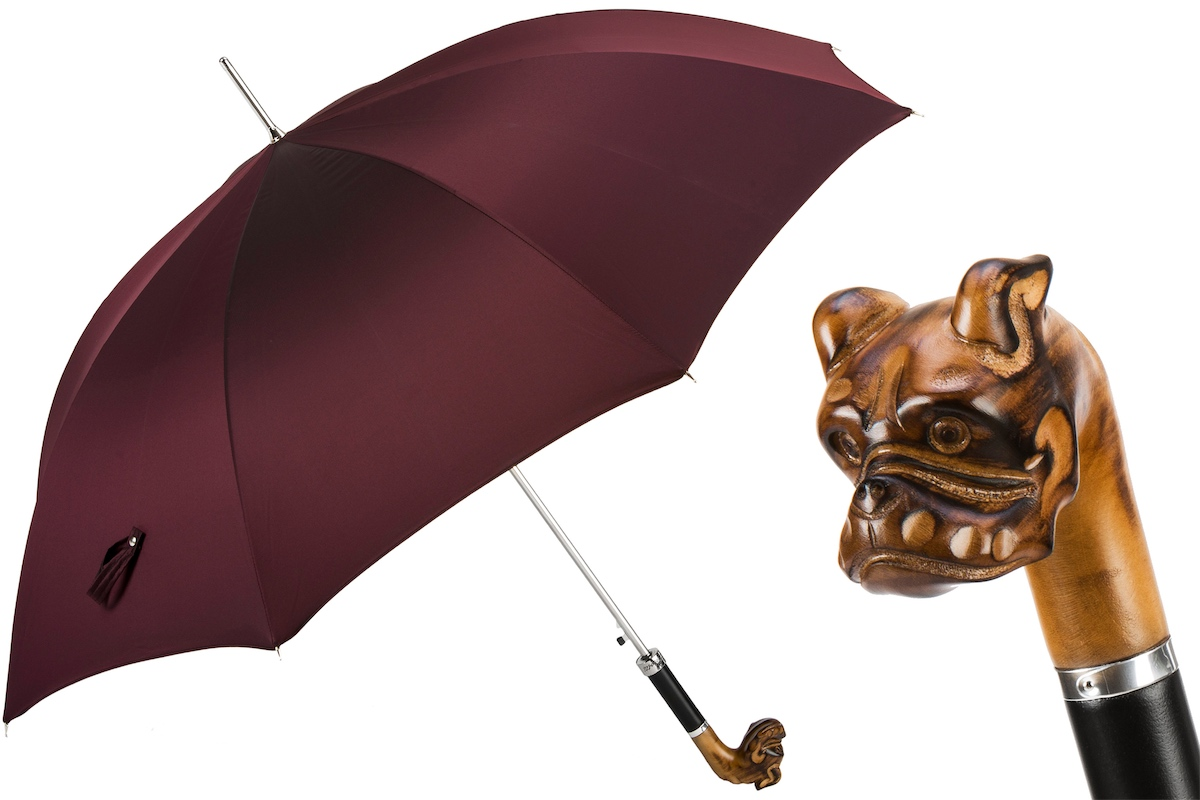 Hand Carved Umbrella – Bulldog Design with Wooden Handle | Handmade Italian Rain Gear