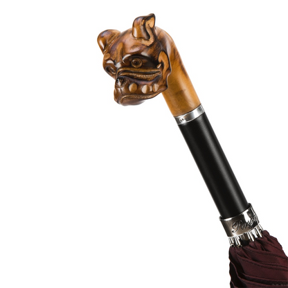 Hand Carved Umbrella – Bulldog Design with Wooden Handle | Handmade Italian Rain Gear