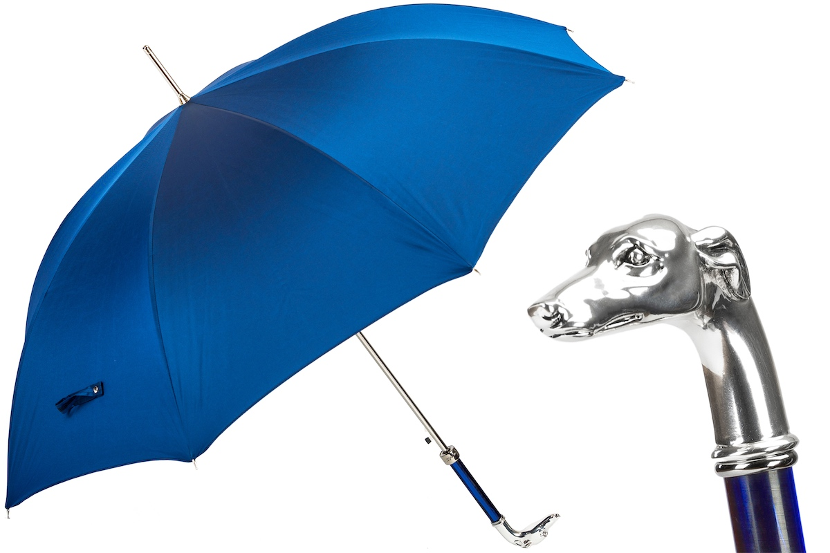 Blue Luxury Umbrella – Handmade Italian Rain Umbrella with Silver Greyhound Handle