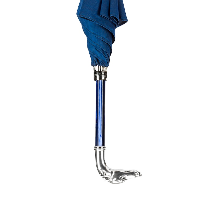 Blue Luxury Umbrella – Handmade Italian Rain Umbrella with Silver Greyhound Handle