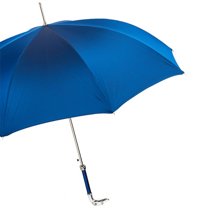 Blue Luxury Umbrella – Handmade Italian Rain Umbrella with Silver Greyhound Handle