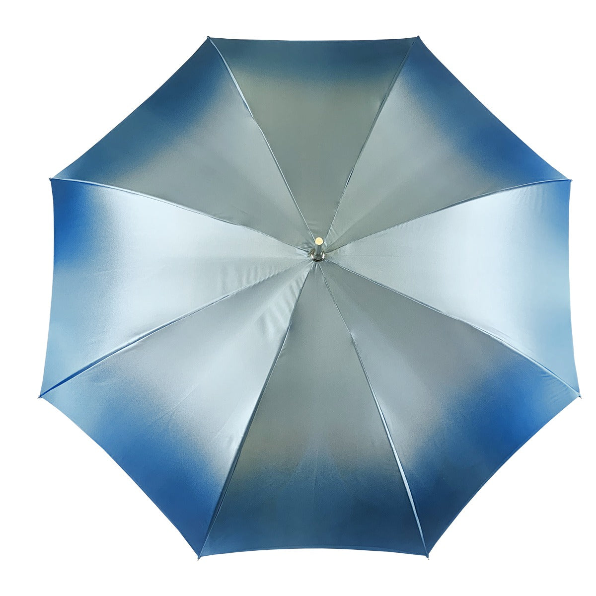 Light blue Ilmarchesato luxury umbrella featuring abstract marine art design, displayed open against a neutral background.