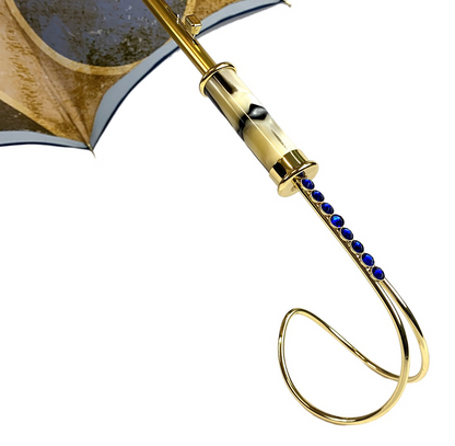 Handcrafted Luxury Umbrella – Italian Satin Double Canopy Rain Umbrella with Blue Swarovski Crystals