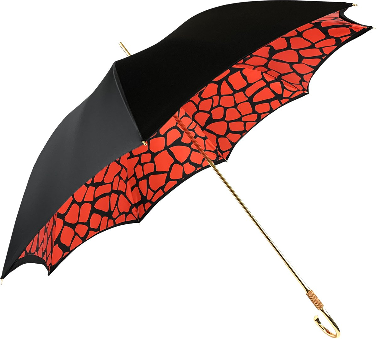 Giraffe Print Umbrella – Handmade Italian Design | Black Satin Canopy, 24K Gold Handle