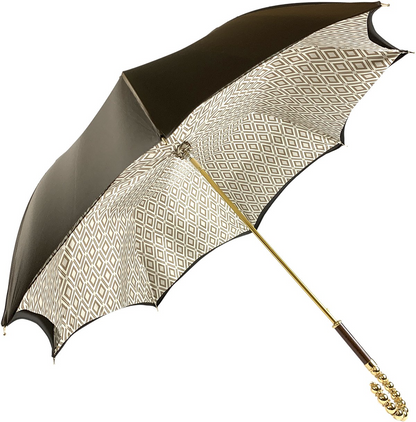 Double Cloth Umbrella – Brown Satin Rain Umbrella with Rhombus Pattern & Gold-Plated Handle