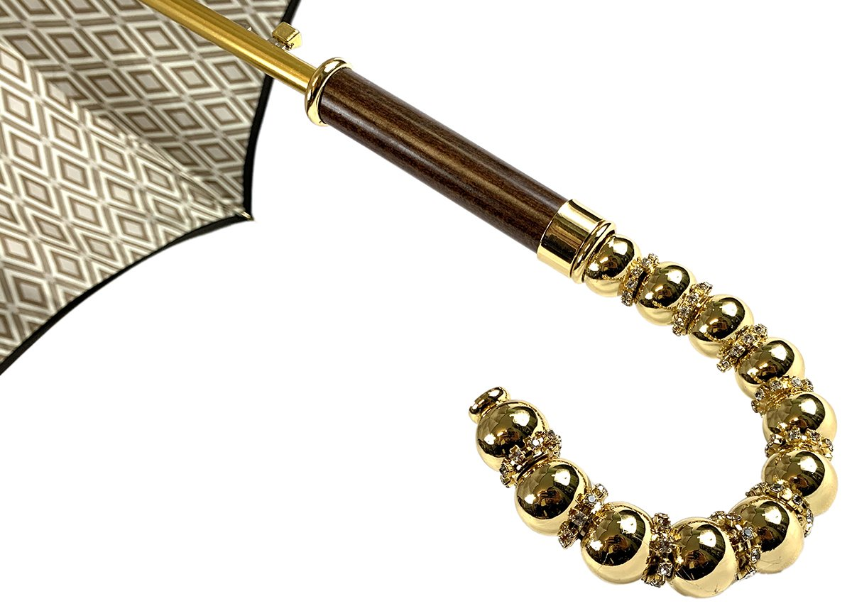 Double Cloth Umbrella – Brown Satin Rain Umbrella with Rhombus Pattern & Gold-Plated Handle