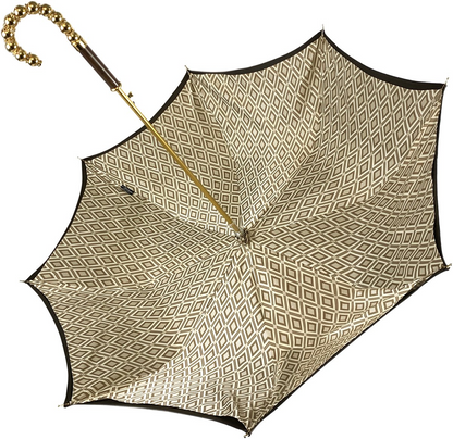 Double Cloth Umbrella – Brown Satin Rain Umbrella with Rhombus Pattern & Gold-Plated Handle