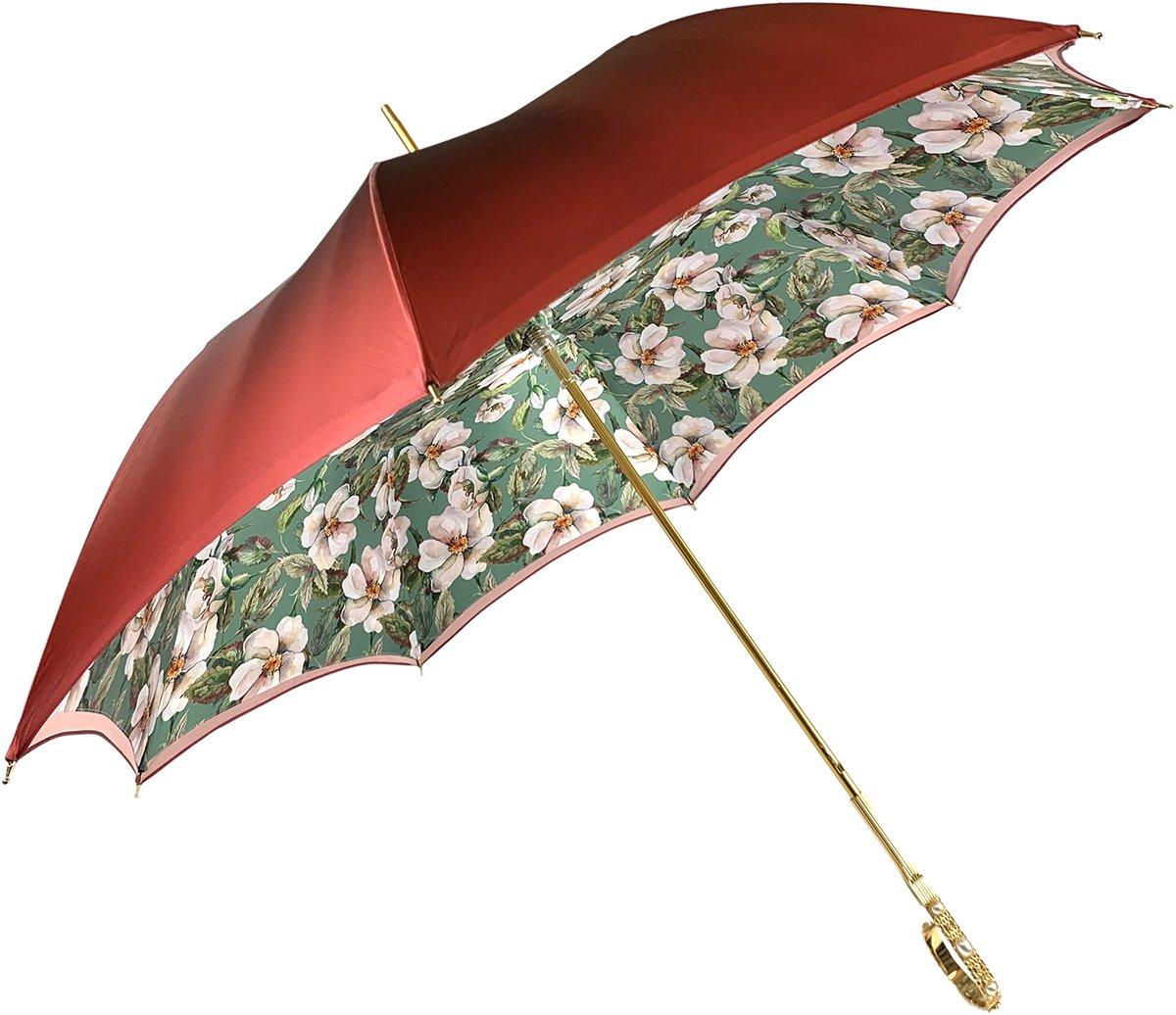Flowered Umbrella - Luxury Rain Umbrella With 24K Gold Handle & Satin Fabric