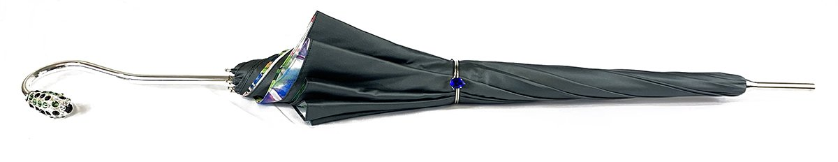 Luxury Grey Umbrella – Designer Ombre Satin Canopy with Floral Print & Swarovski Handle