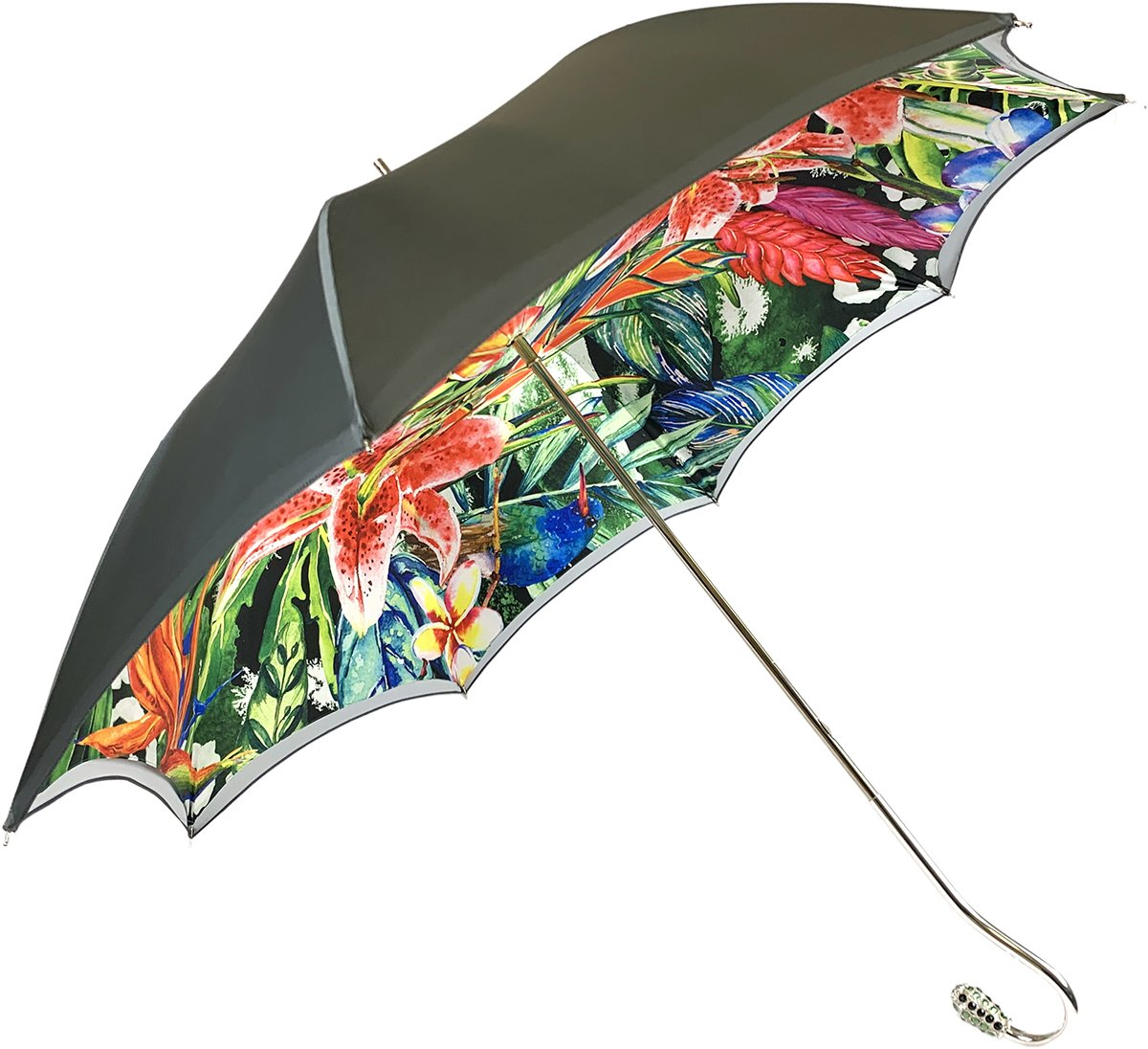 Luxury Grey Umbrella – Designer Ombre Satin Canopy with Floral Print & Swarovski Handle