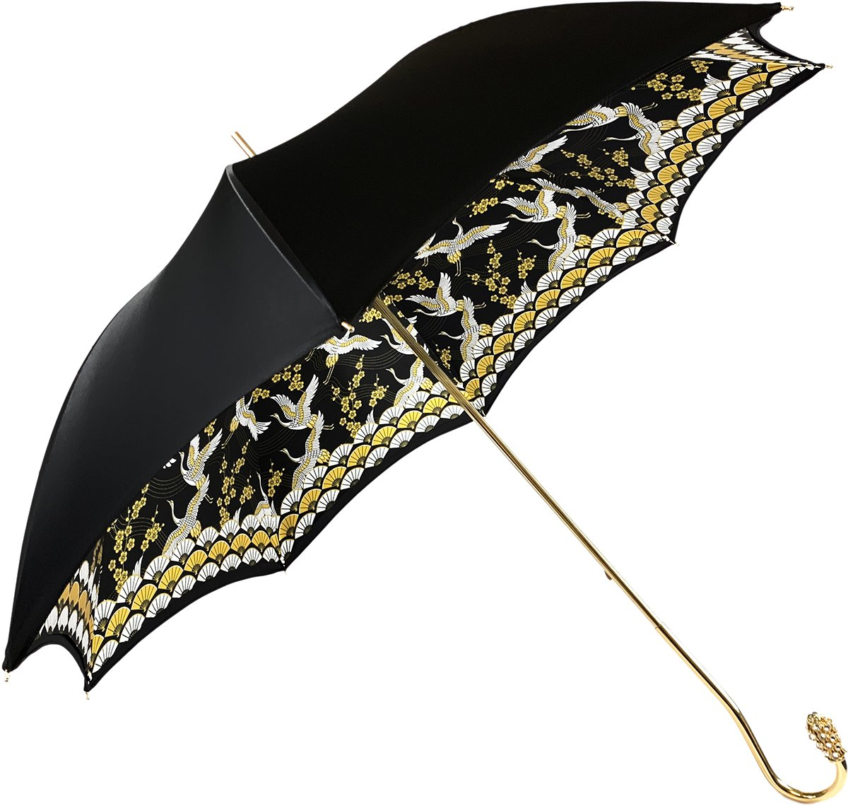 Double Cloth Umbrella – Elegant Black Satin Canopy with Herons Print Interior