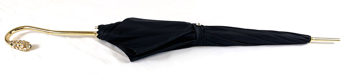 Double Cloth Umbrella – Elegant Black Satin Canopy with Herons Print Interior