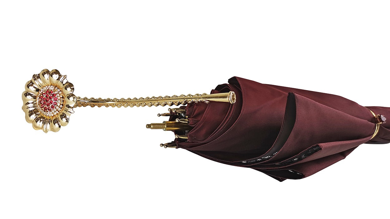 Luxury Burgundy Umbrella – Automatic Open, Swarovski Crystal Handle, Lace Interior
