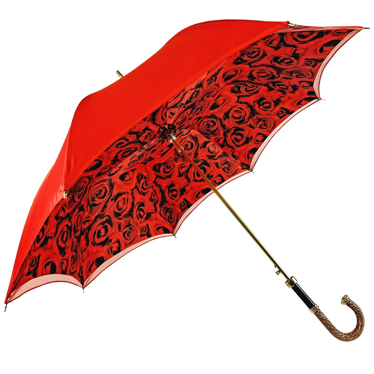 Romantic Red Roses Umbrella – Handmade Luxury Umbrella with Gold-Plated Brass Handle