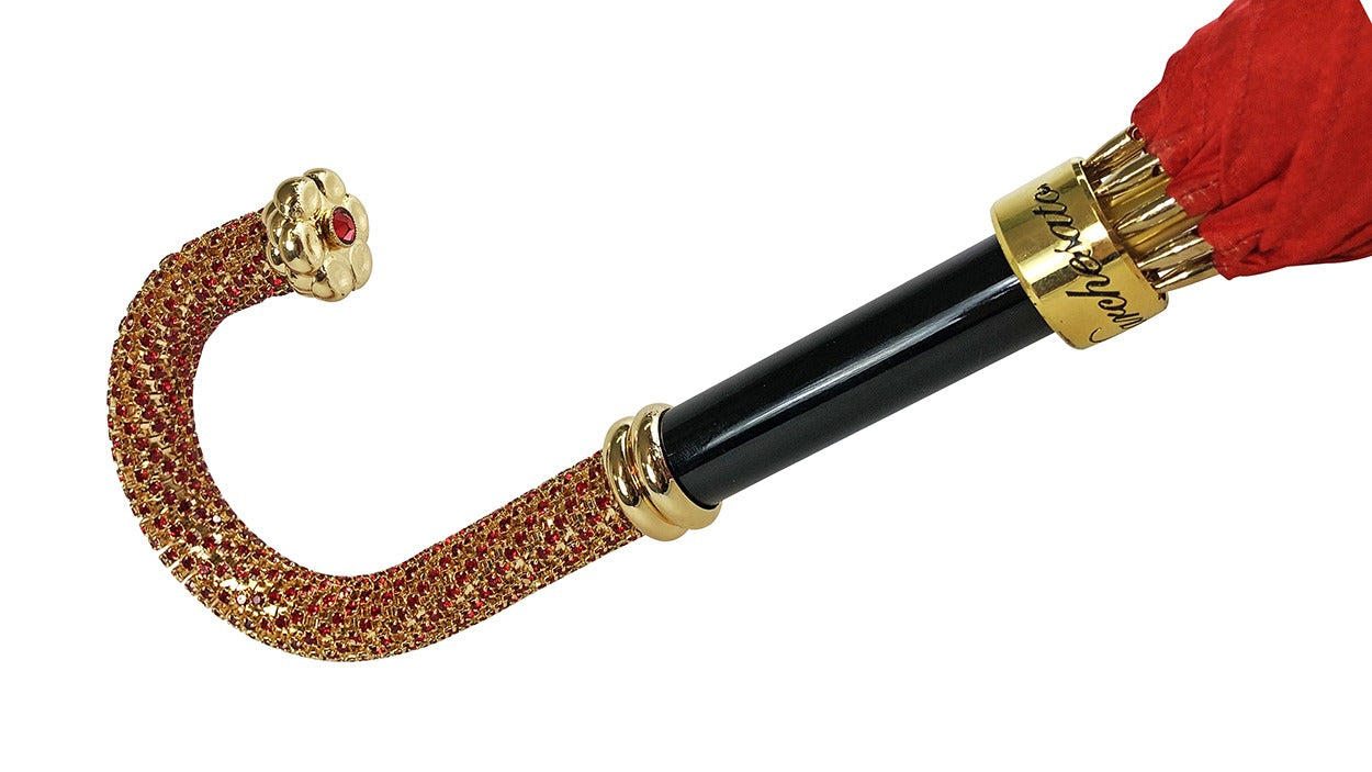 Romantic Red Roses Umbrella – Handmade Luxury Umbrella with Gold-Plated Brass Handle