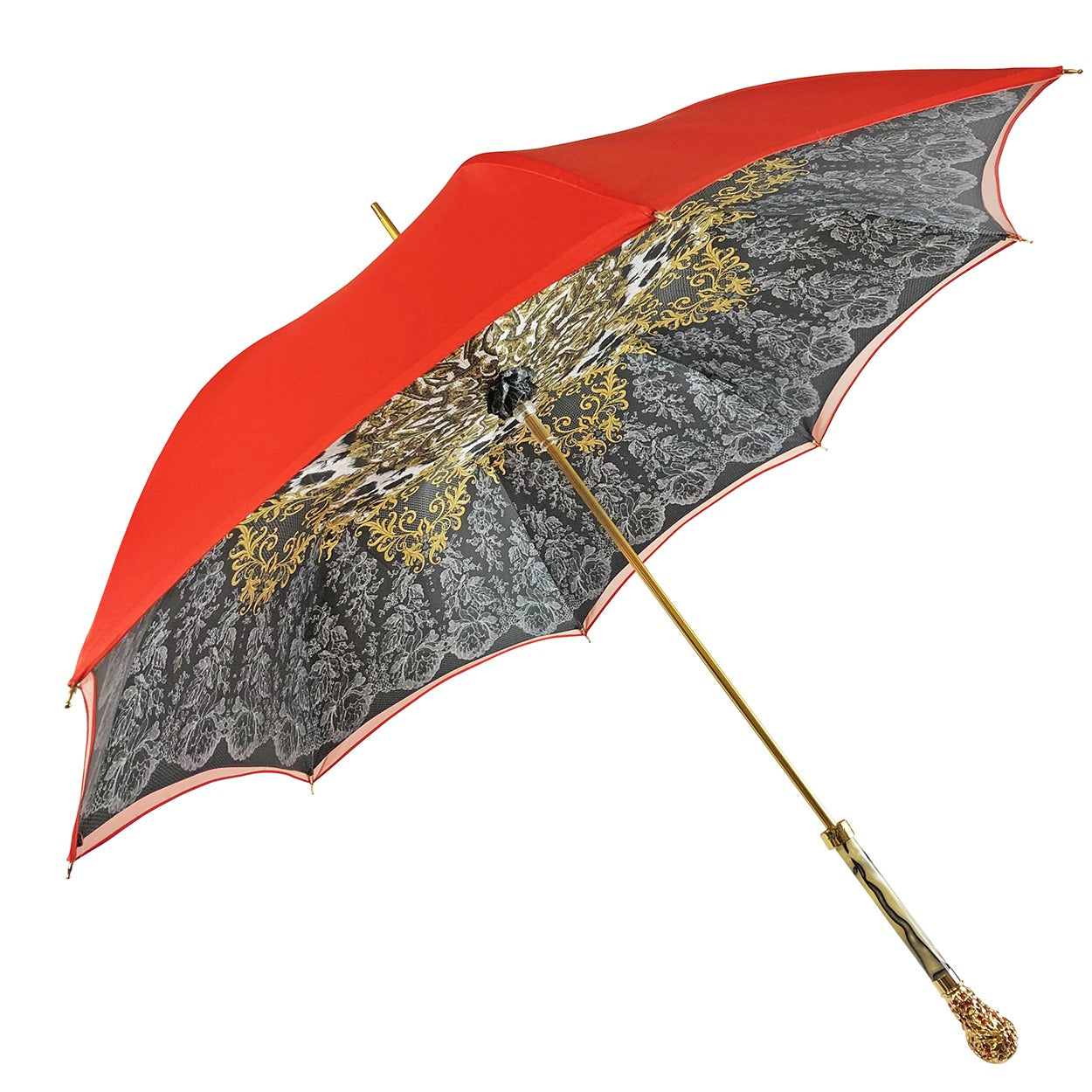 Red Satin Umbrella – Luxury Rain Umbrella with Crown Design & Swarovski Crystal Handle