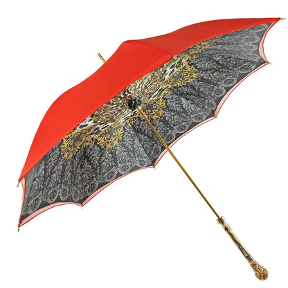 Red Satin Umbrella – Luxury Rain Umbrella with Crown Design & Swarovski Crystal Handle