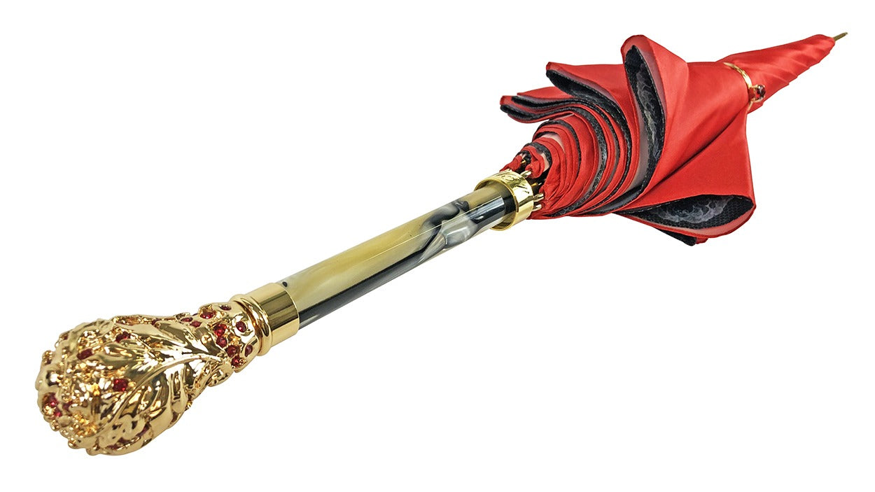 Red Satin Umbrella – Luxury Rain Umbrella with Crown Design & Swarovski Crystal Handle