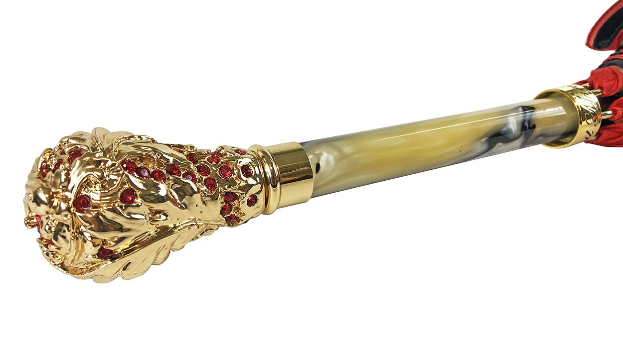 Red Satin Umbrella – Luxury Rain Umbrella with Crown Design & Swarovski Crystal Handle