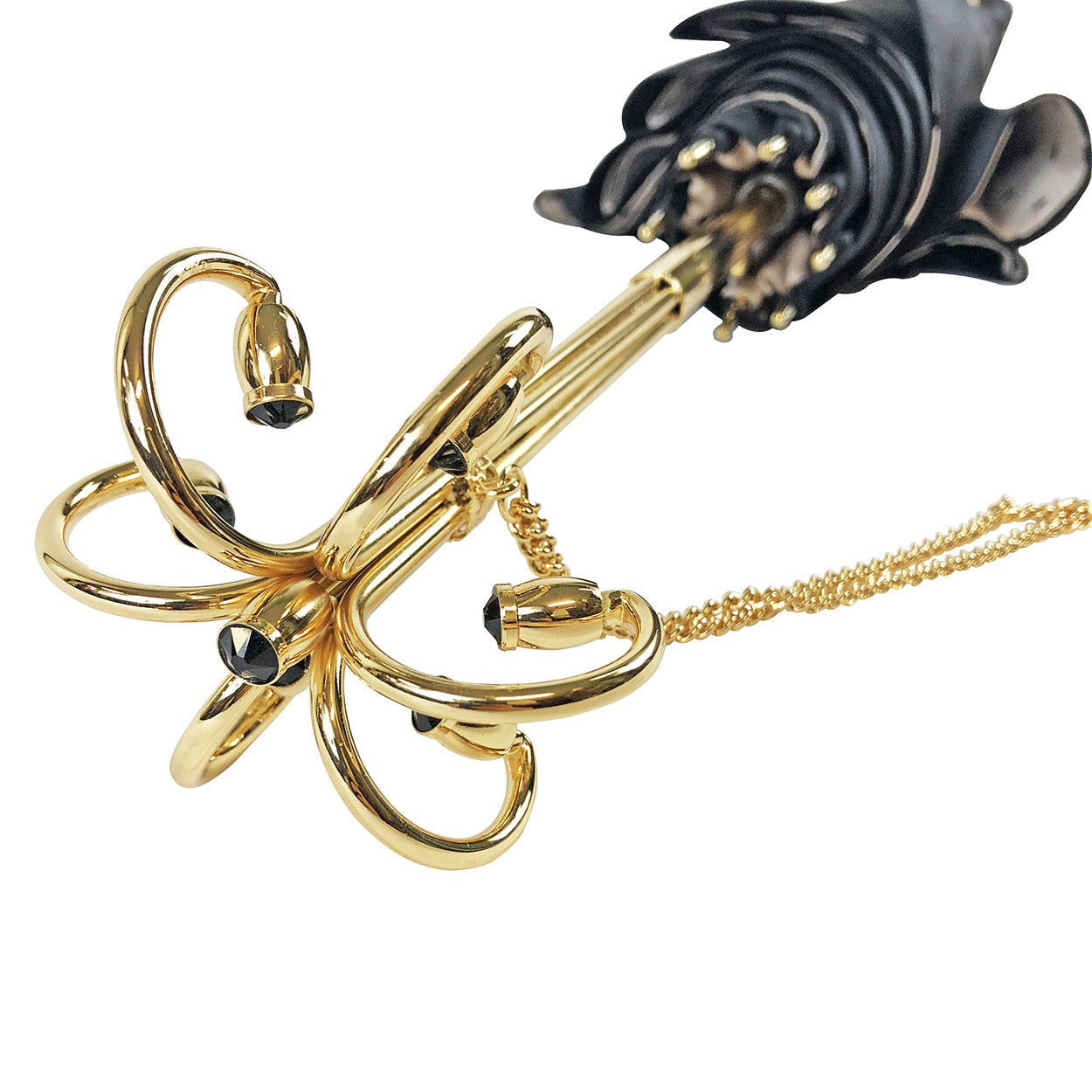 Black Cream Dot Umbrella – Italian Luxury Handmade Handle, Swarovski Crystal, 24K Gold