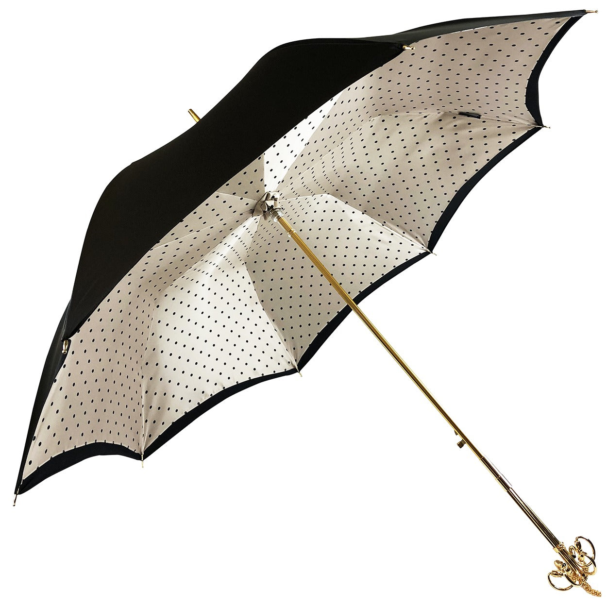 Black Cream Dot Umbrella – Italian Luxury Handmade Handle, Swarovski Crystal, 24K Gold
