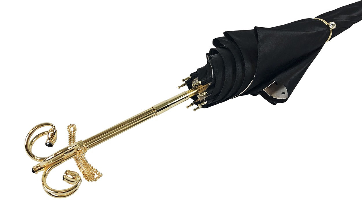 Black Cream Dot Umbrella – Italian Luxury Handmade Handle, Swarovski Crystal, 24K Gold