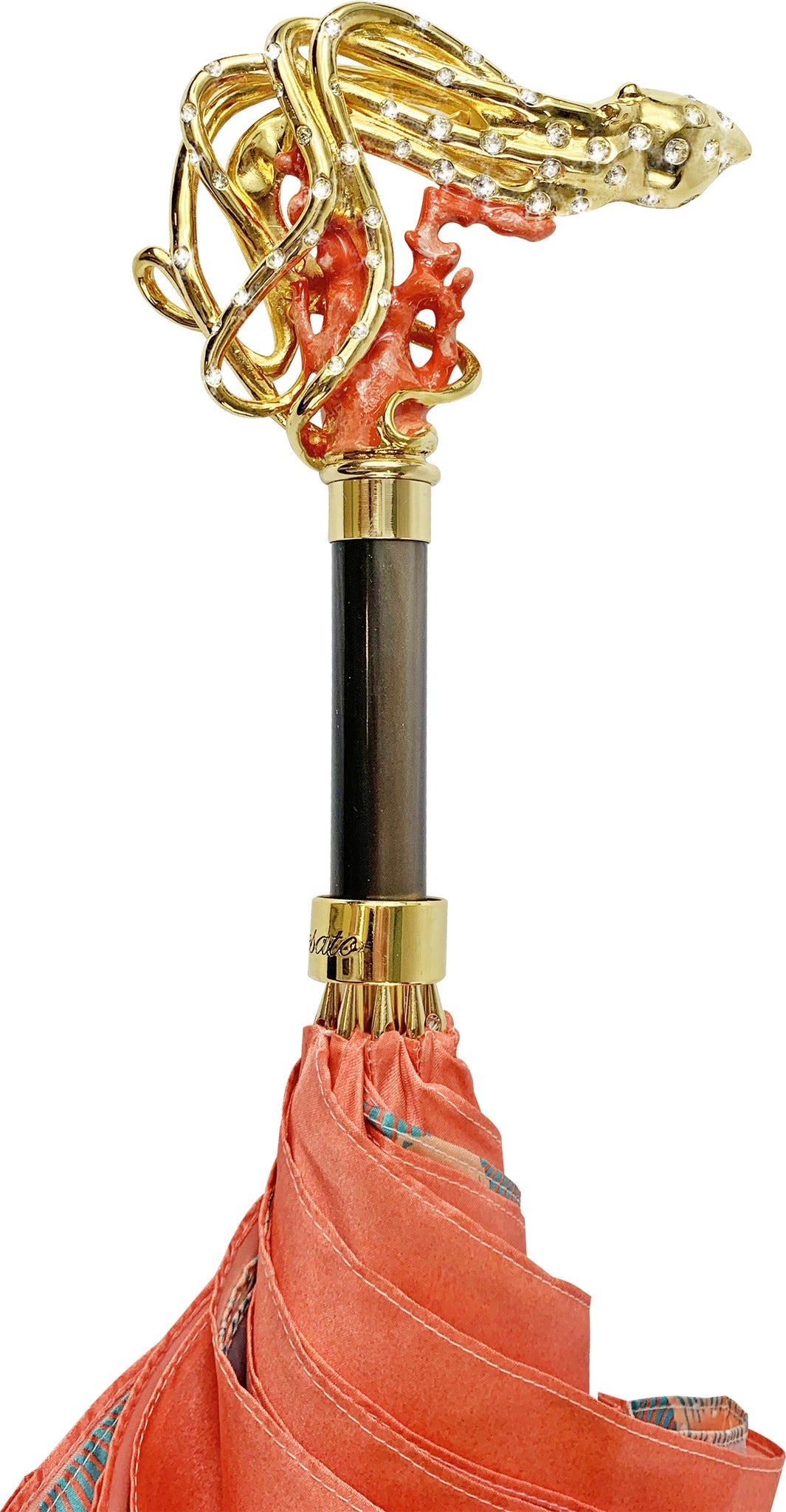 Goldplated Octopus Umbrella – Luxury Satin Coral Canopy, Swarovski Crystal, Handmade Italian