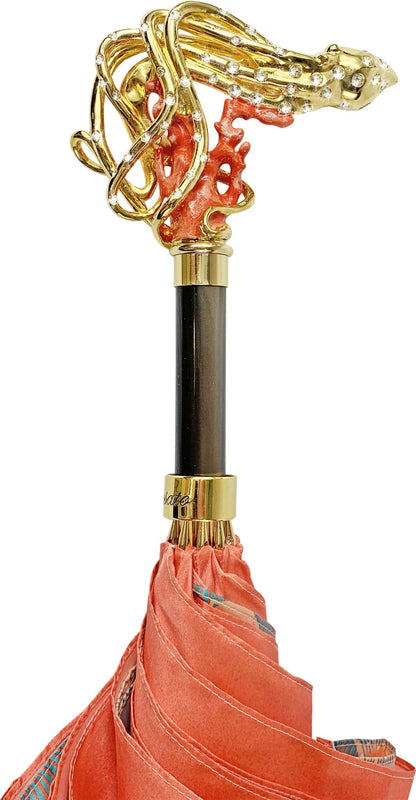 Goldplated Octopus Umbrella – Luxury Satin Coral Canopy, Swarovski Crystal, Handmade Italian