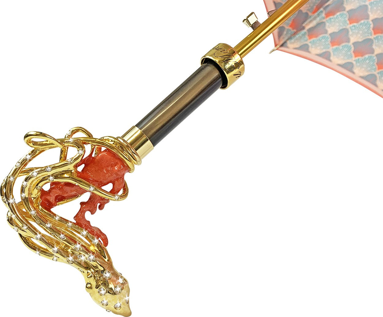 Goldplated Octopus Umbrella – Luxury Satin Coral Canopy, Swarovski Crystal, Handmade Italian